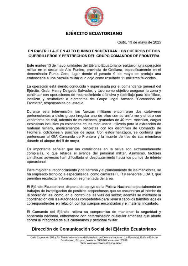 BOLETÍN EJÉRCITO ENCUENTRA CUERPOS DE DOS GUERRILLEROS