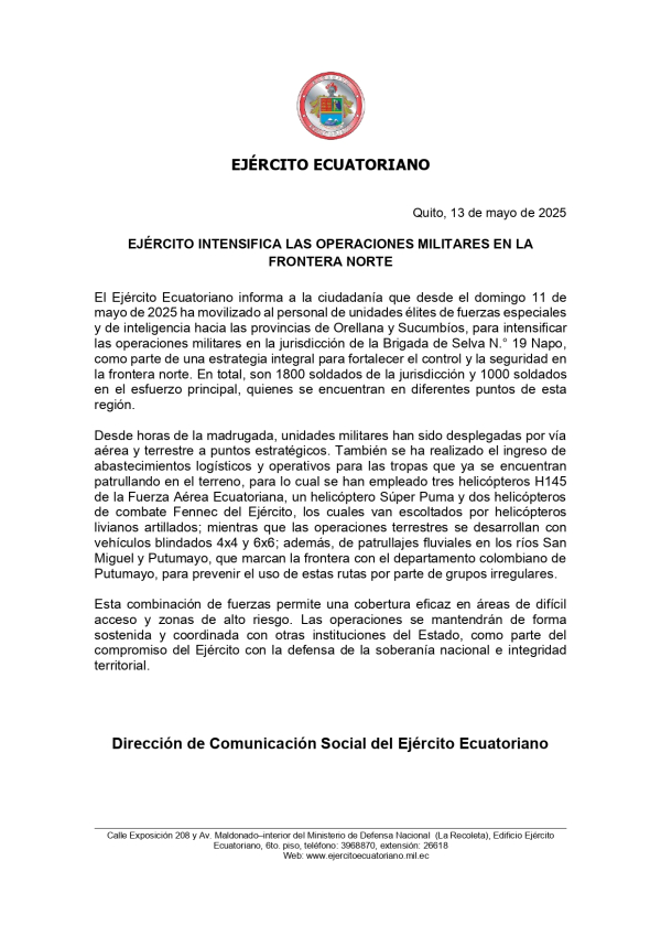 BOLETÍN OPERACIONES MILITARES FRONTERA NORTE